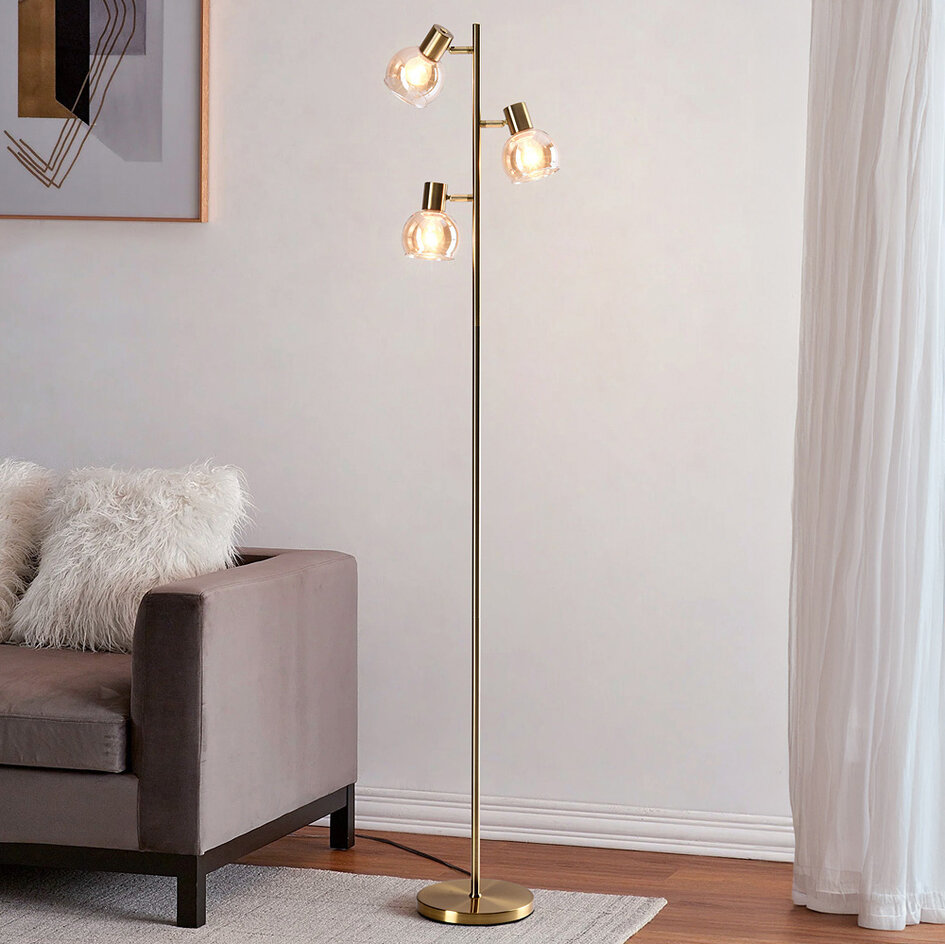 Gulvlampe med 3 spotlamper - Pieta - guld og ravfarvet