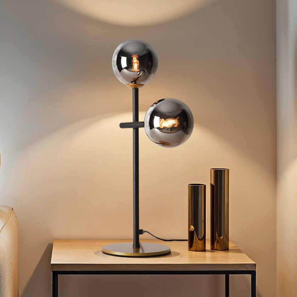 Bordlampe med 2 røgfarvede glaskugler og spejleffekt - Chase