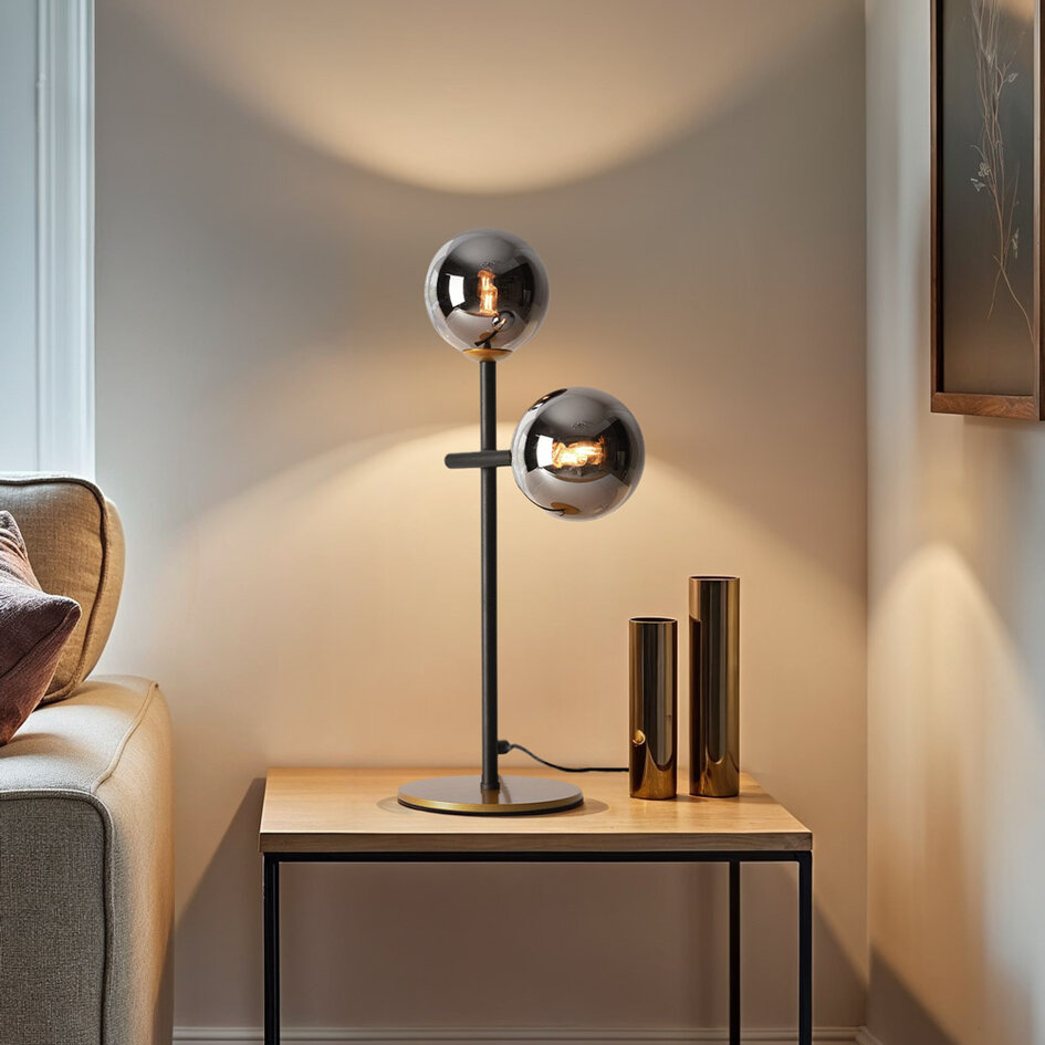 Bordlampe med 2 røgfarvede glaskugler og spejleffekt - Chase