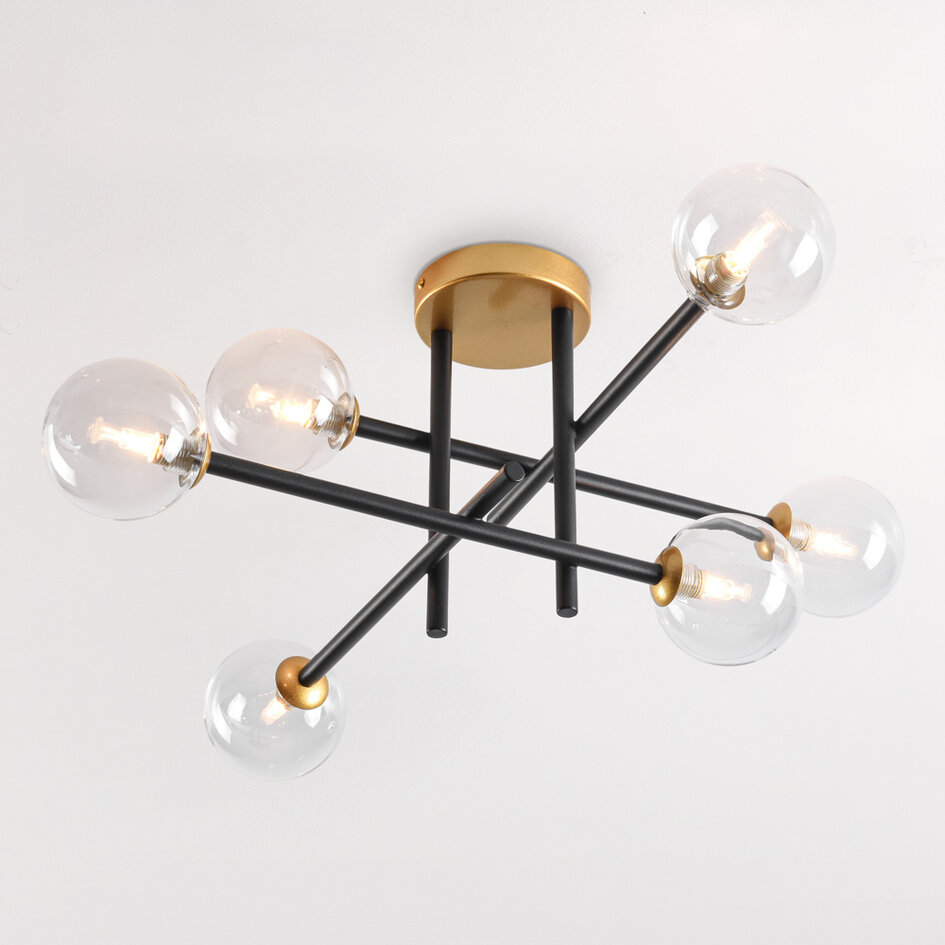 Loftlampe med 6 transparente glaskugler - Alec