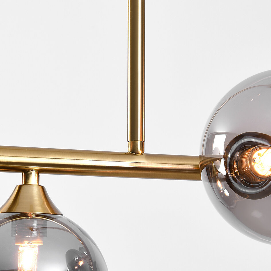 Loftslampe med 6 glaskugler - Aster - guld med røgfarvet/smokey glas