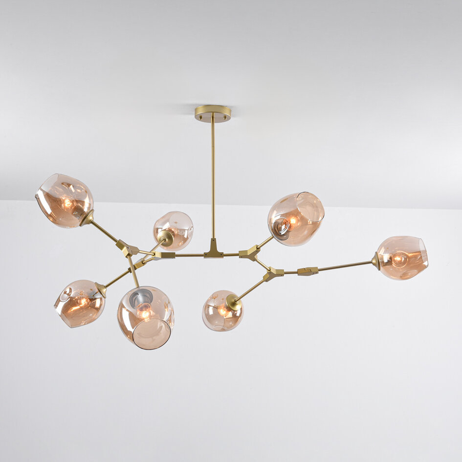 Loftslampe med 7 glaskupler - Stefanie - guld og ravfarvet