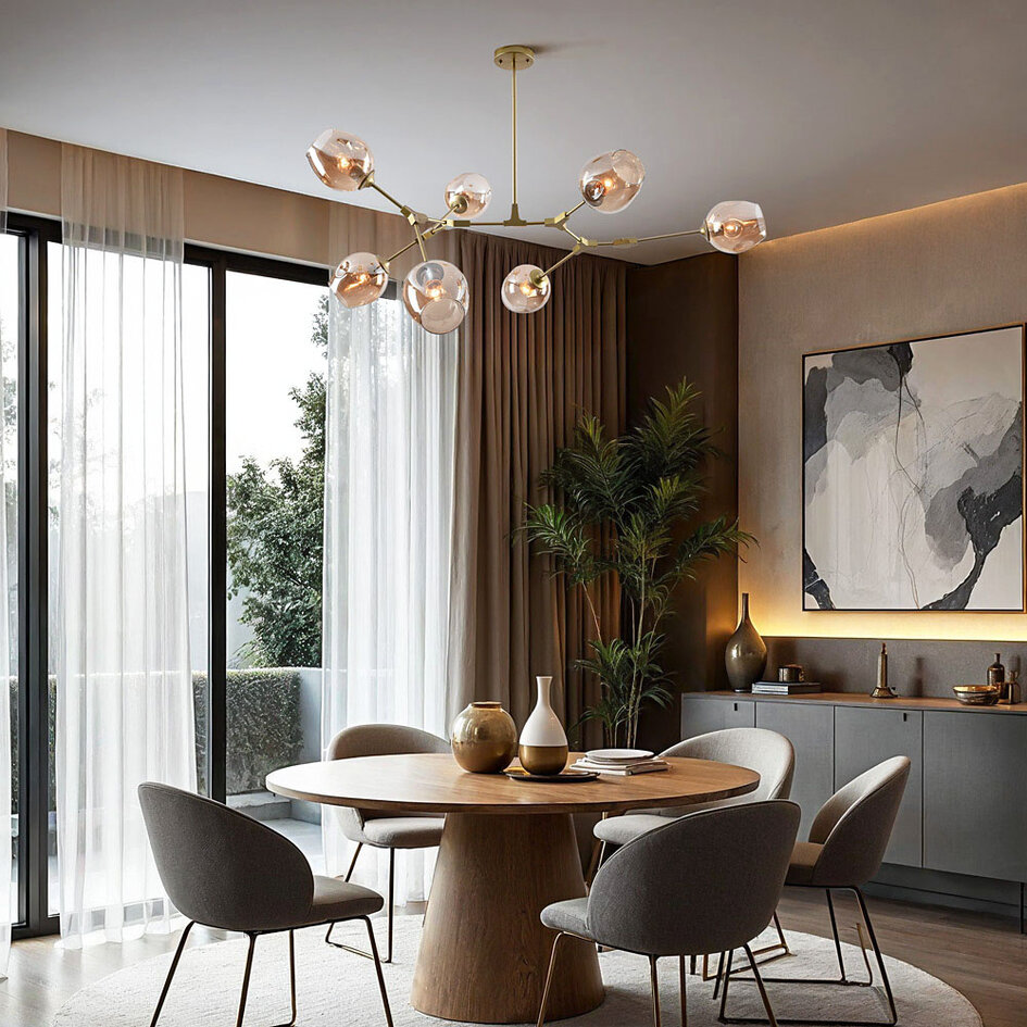 Loftslampe med 7 glaskupler - Stefanie - guld og ravfarvet