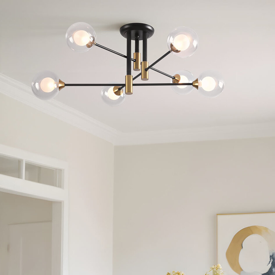 Designer loftslampe med 6 glaskugler - Aura - sort og guld