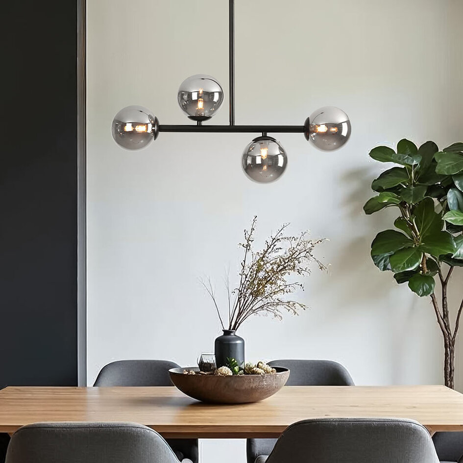 Loftslampe i sort med 4 røgfarvede glaskugler - Asun
