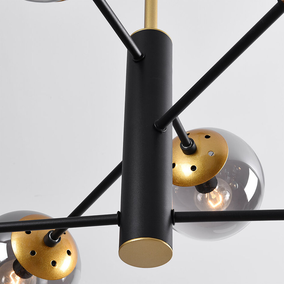 Designerlampe med 6 glaskugler - Damian - sort/messing/røggrå