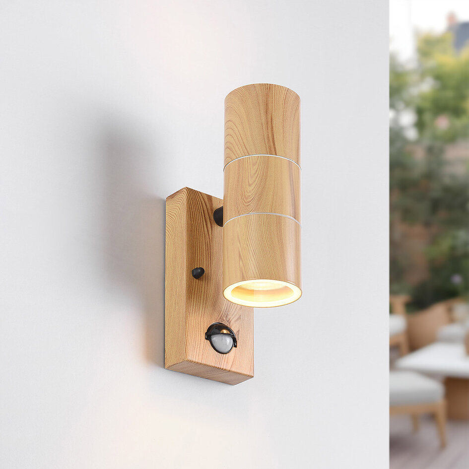 Udendørs væglampe, up/downlight med sensor - Martina - imiteret træ