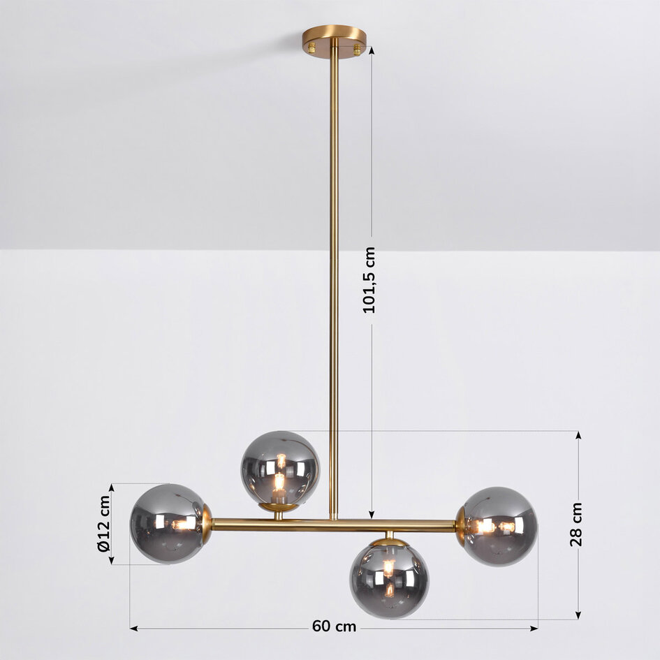 Loftslampe i messinglook med 4 røgfarvede glaskugler - Asun