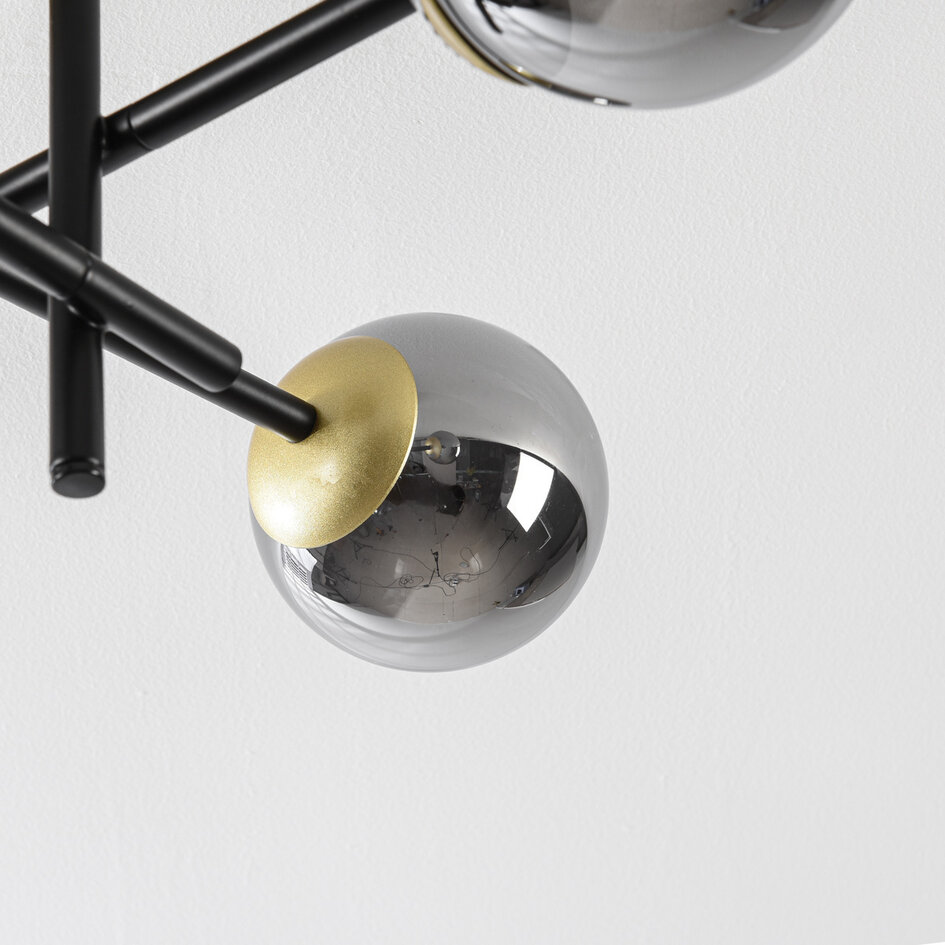 Loftlampe med 4 røgfarvede glaskugler og spejleffekt - Caleb