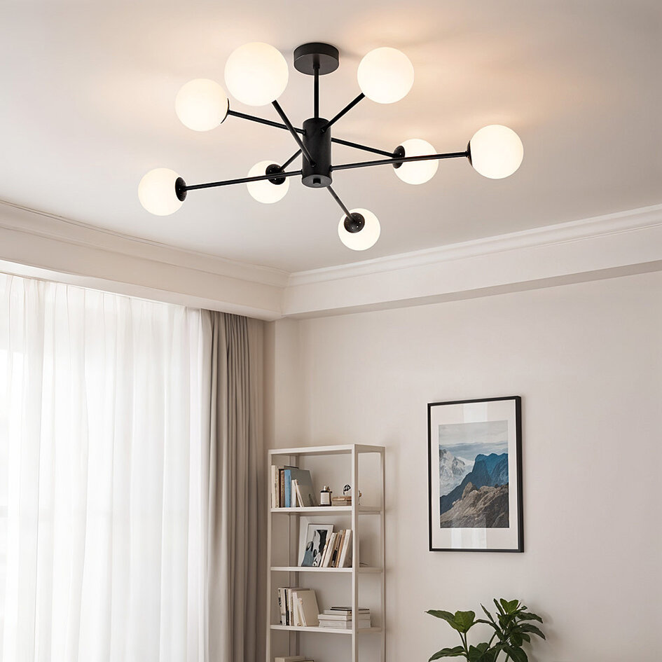 Designer loftslampe med 8 glaskugler - Idaho - sort og opalhvid