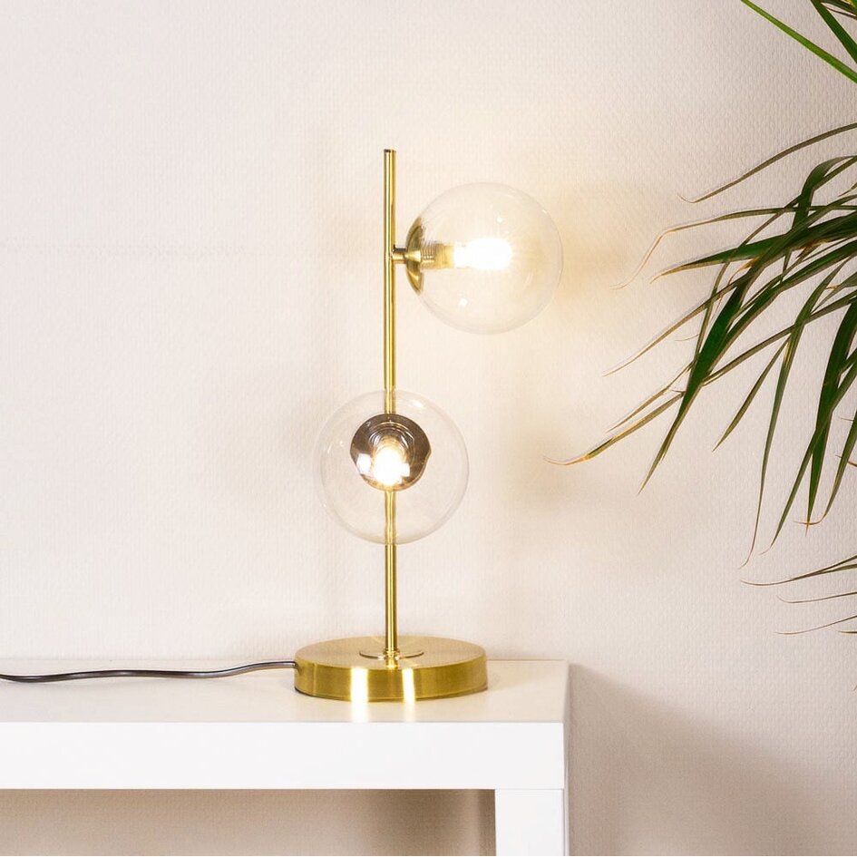 Bordlampe med 2 glaskugler - Ethan - messingfarvet med klart glas