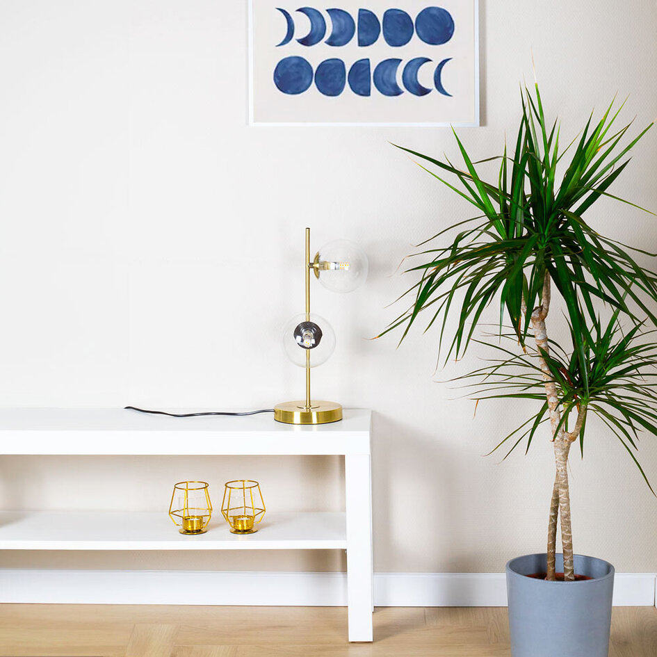 Bordlampe med 2 glaskugler - Ethan - messingfarvet med klart glas