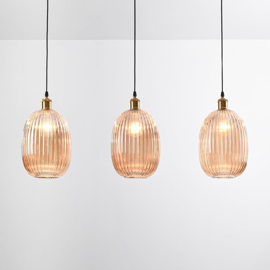 Pendellampe med gyldent, riflet glas,  3 lyspunkter - Erin