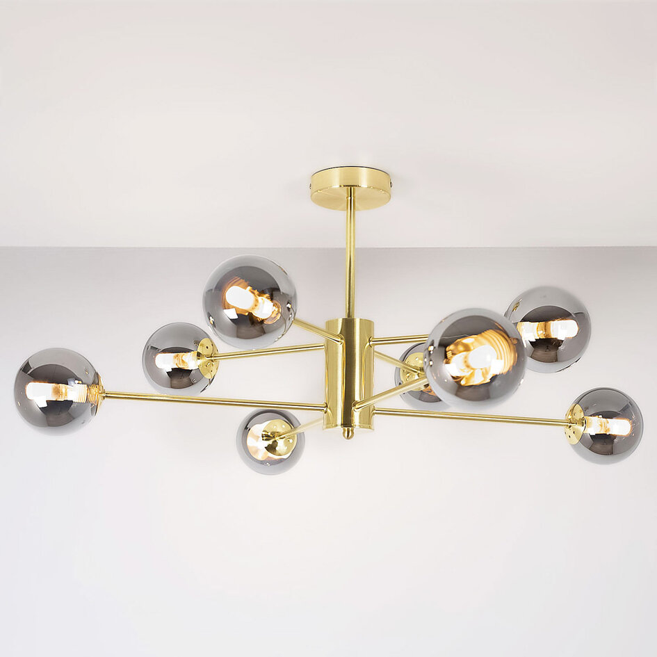 Designer loftslampe med 8 glaskugler - Idaho - guld og røgfarvet
