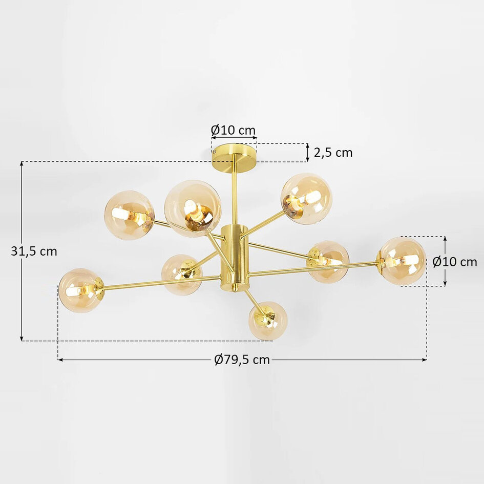 Designer loftslampe med 8 glaskugler - Idaho - guld og ravfarvet