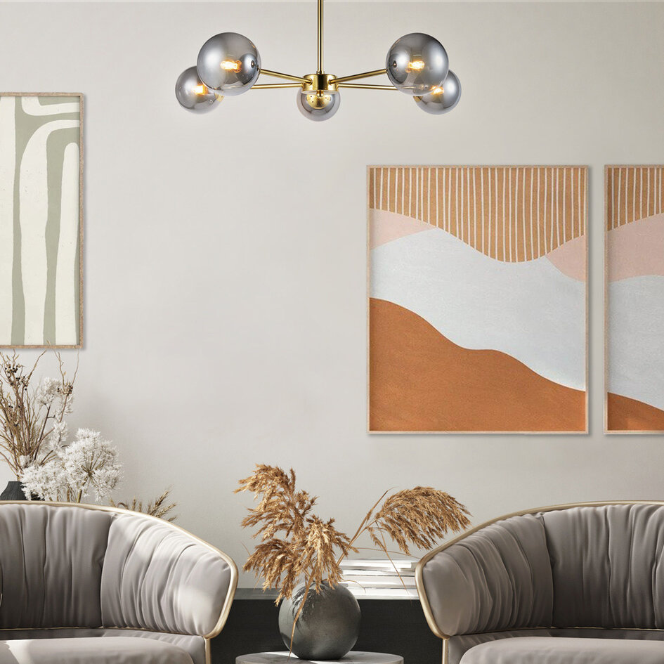 Loftlampe med 5 kugler i glas - Leah - guld/røggrå