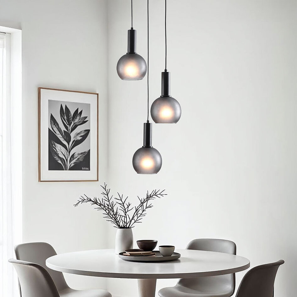 Moderne pendel med gråt matglas, 3-lys - Brinati