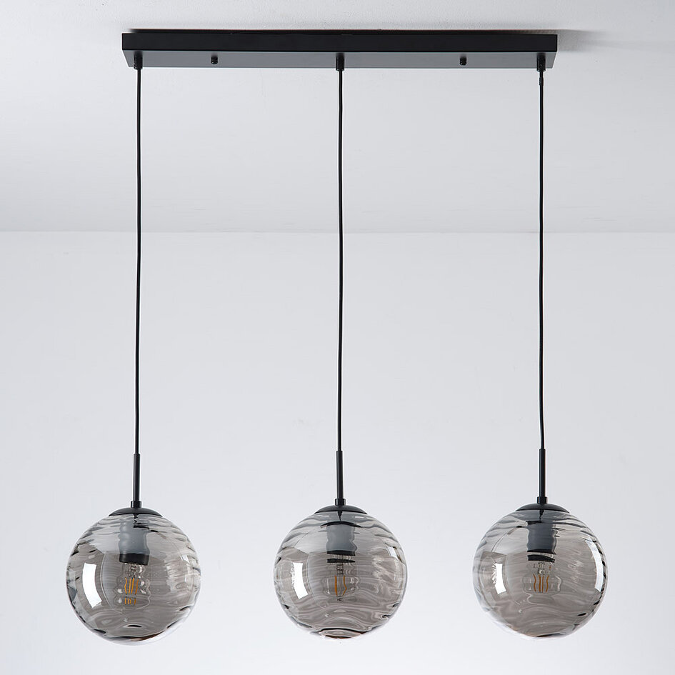 Moderne pendel i sort med 3D bølget Smoke glas, 3-lys - Carice