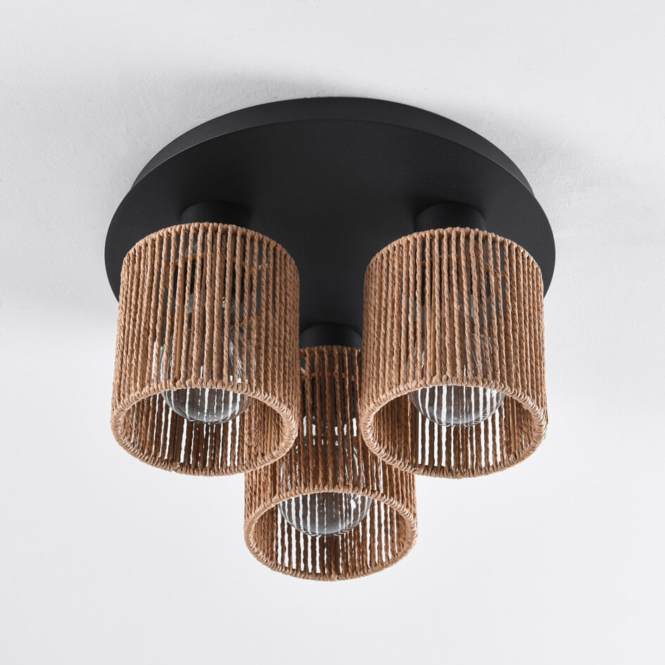 Boho-chic loftlampe med flettet reb, 3 lyspunkter - Canna - sort