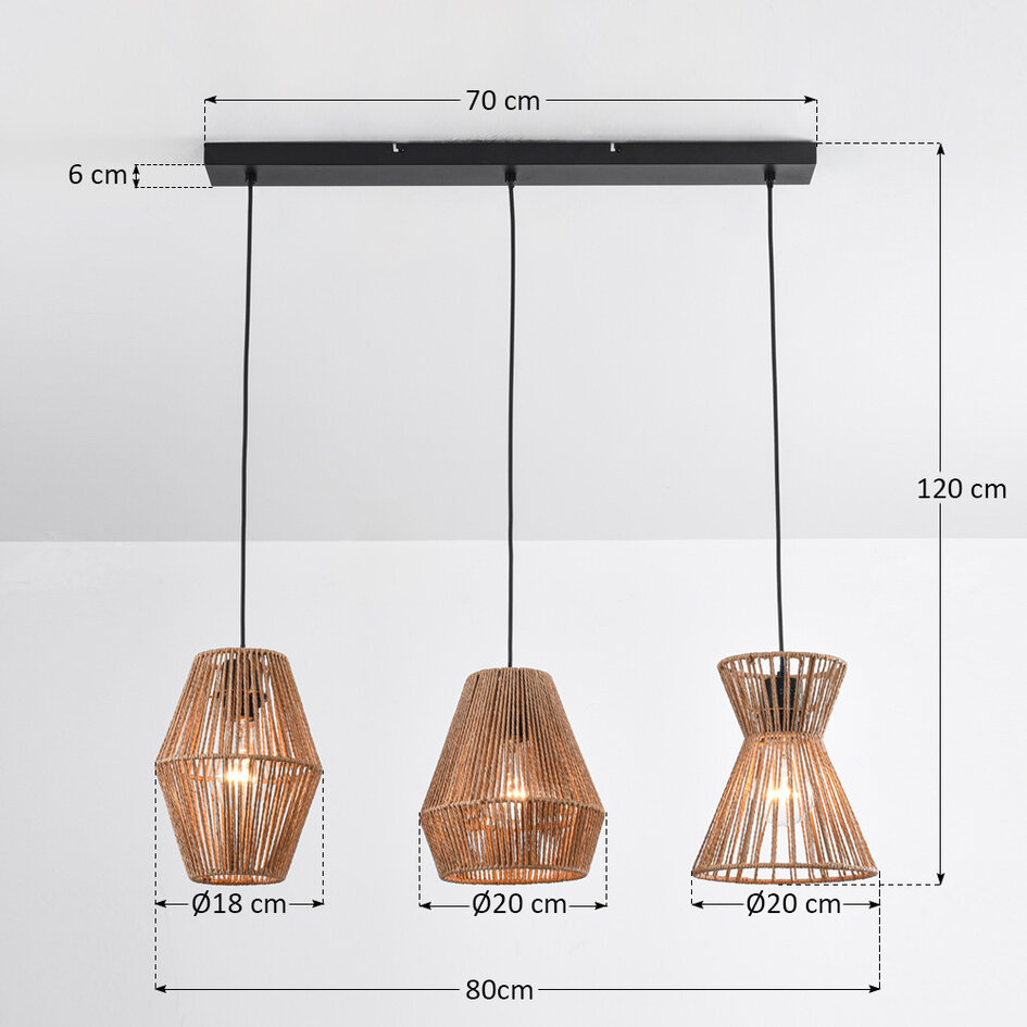 Boho-chic pendel med flettet reb, 3 lyspunkter - Intan