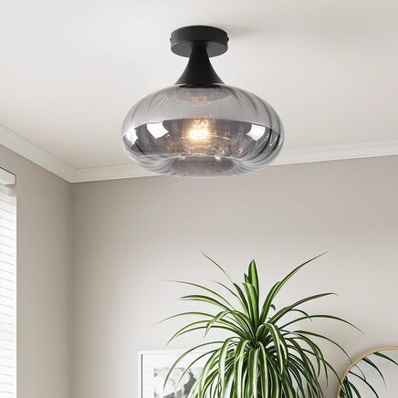 Loftslampe med bølget glasskærm - Nur - sort/røgfarvet