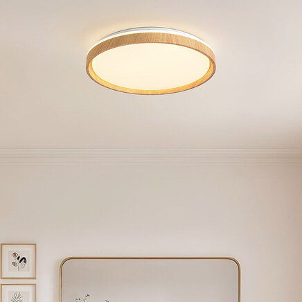 Japandi loftlampe Britta med integreret LED og 3-trins dæmpbar Ø48,5 cm - hvid med trædetaljer