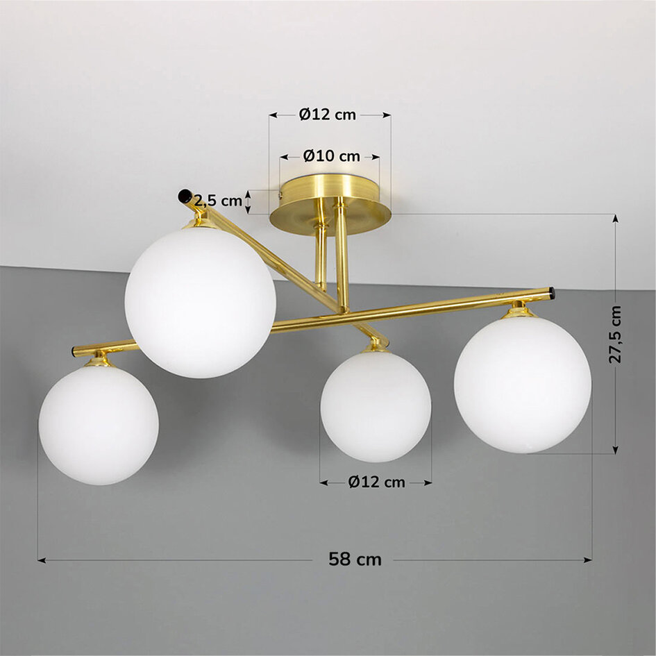 Elegant loftlampe med fire glaskugler - Nymo - guld og opalhvid