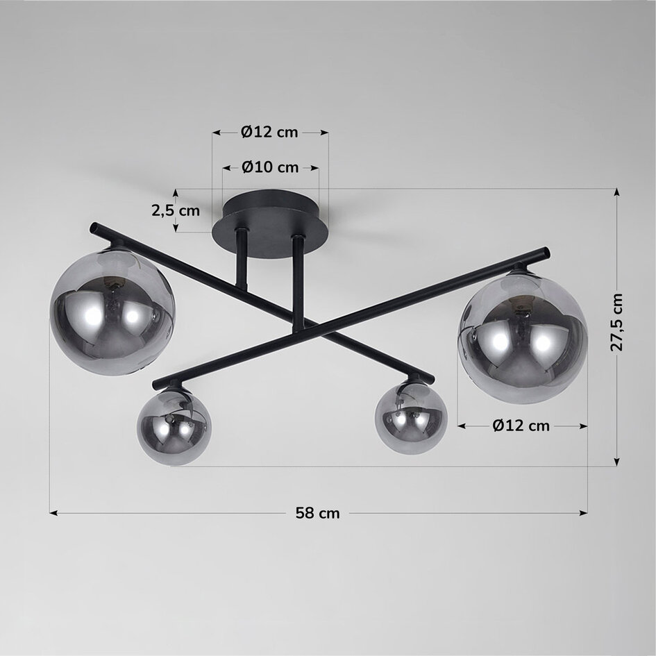 Moderne loftlampe med fire glaskugler - Nymo - sort og røggrå