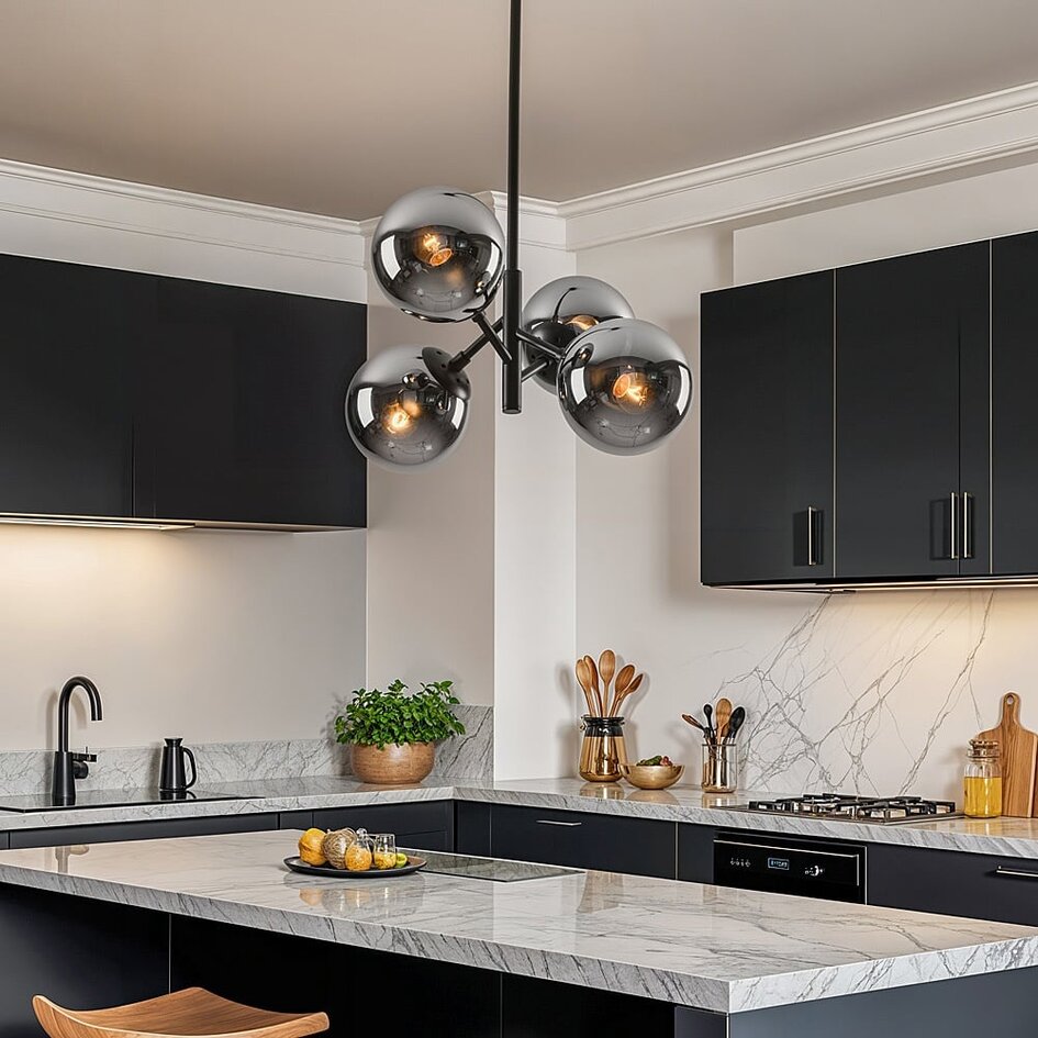 Retro-pendel med glaskugler, 4 lyspunkter – Florence - sort og røgfarvet glas med spejleffekt