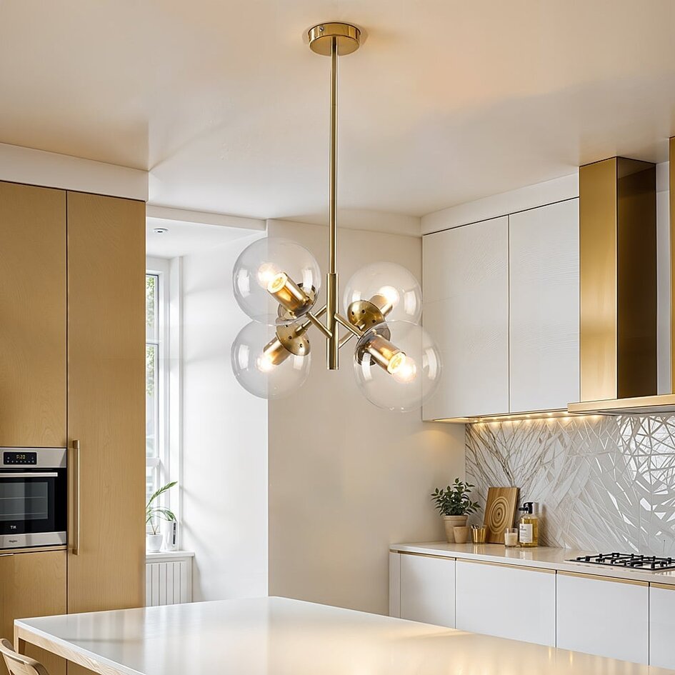 Retro-pendel med glaskugler, 4 lyspunkter – Florence - guld og klart glas