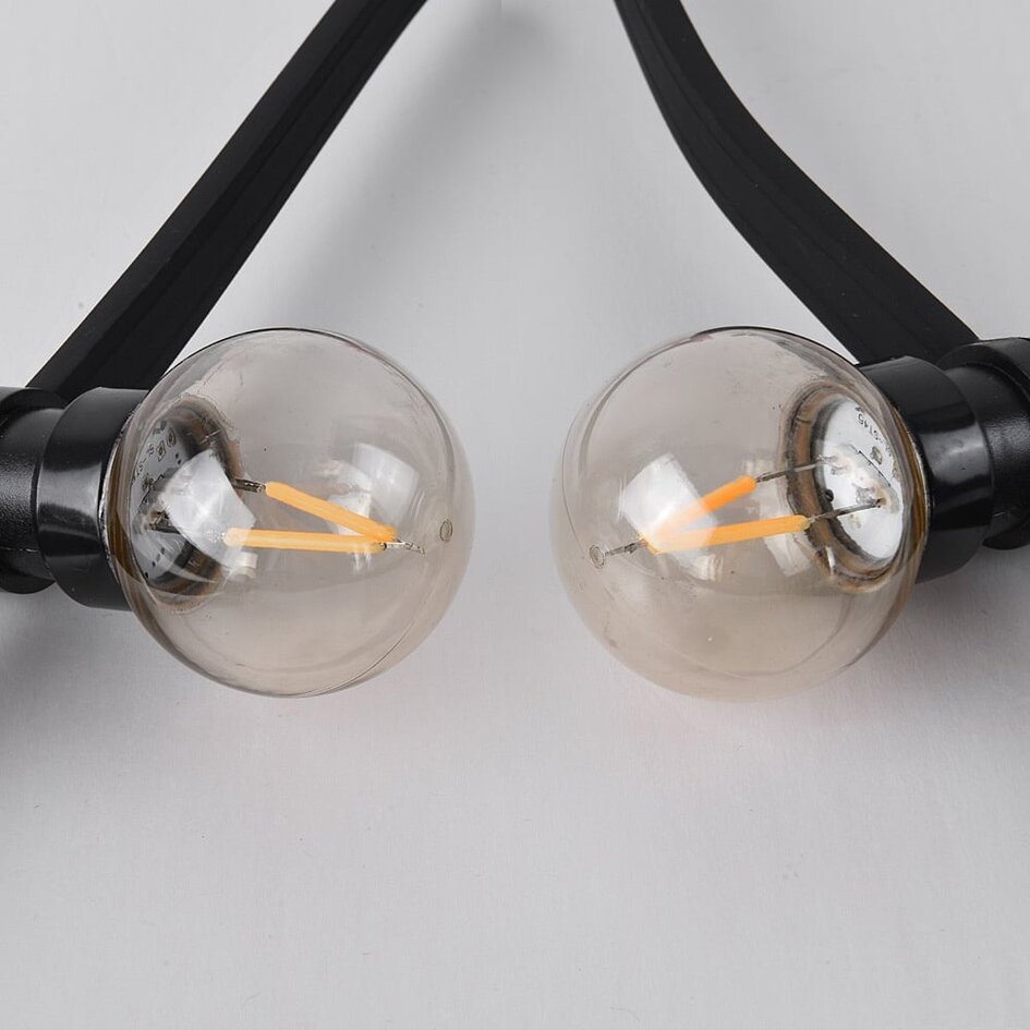 Udendørs lyskæde med røggrå LED-pærer (V-formet filamenttråd) - 2 watt / Ø45 / med eller uden lysdæmper