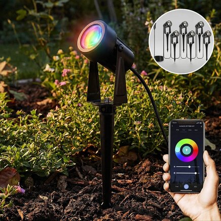 Flerfarvede (RGB) havespots med jordspyd + appstyring (sæt med 6 stk.)