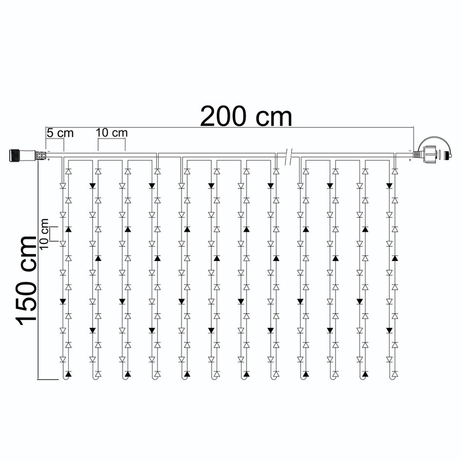 Lysgardin | Linkbart | Fra 2 meter | 300 LED-lys | 2200K ekstra varmhvidt lys med glimt | Sort gummi