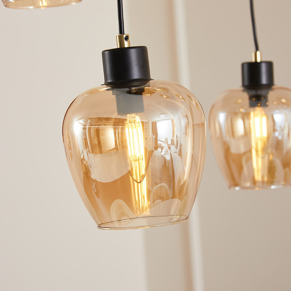 Pendel Hanford, 11 lyskilder - sort og amber glas