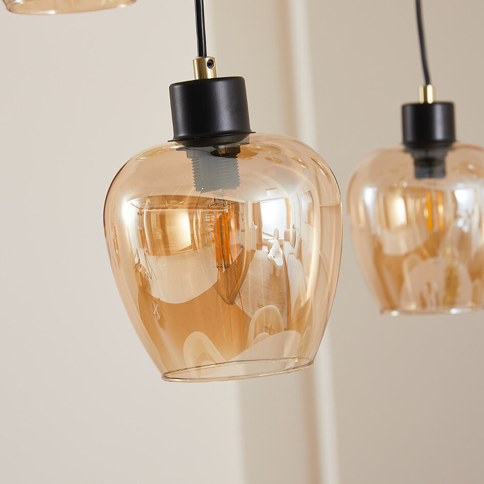 Pendel Hanford, 11 lyskilder - sort og amber glas