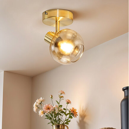 Loftlampe Jenthe, 1 lyskilde - guld med amber glas