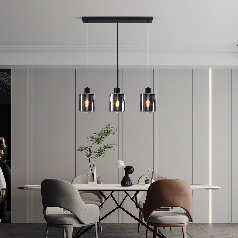 Hængelampe med 3 glasskærme - Palaio - sort/røgfarvet