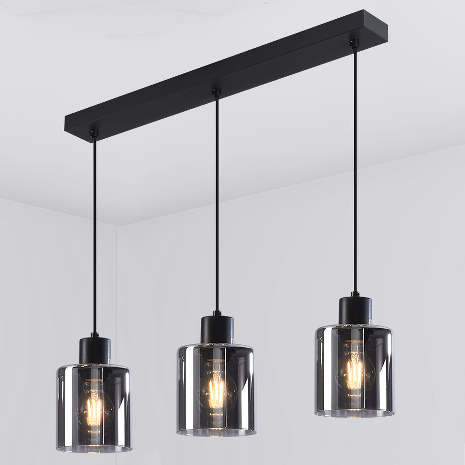 Hængelampe med 3 glasskærme - Palaio - sort/røgfarvet