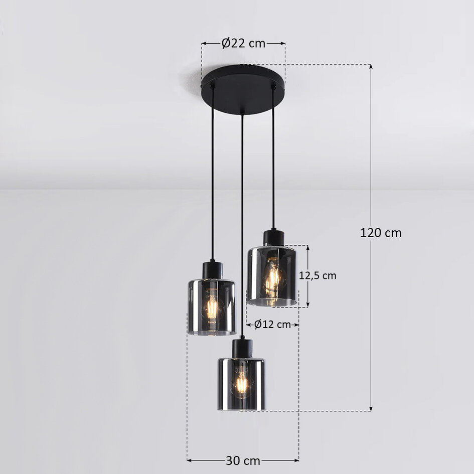 Loftslampe med 3 glasskærme - Pella - sort/røgfarvet