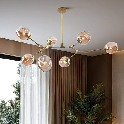 Loftslampe med 7 glaskupler - Stefanie - guld og ravfarvet