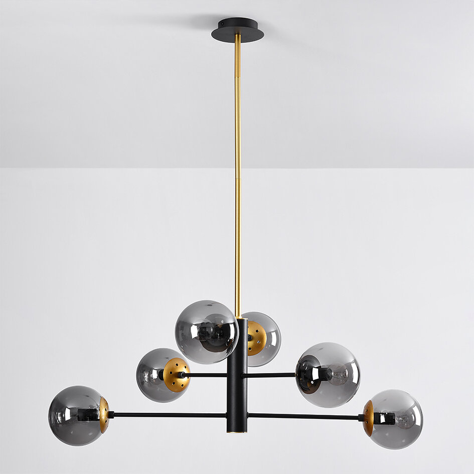 Designerlampe med 6 glaskugler - Damian - sort/messing/røggrå