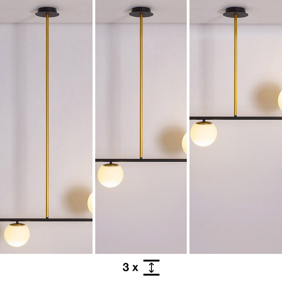 Designerlampe med 3 glaskugler - Danny - sort/messing/opalhvid