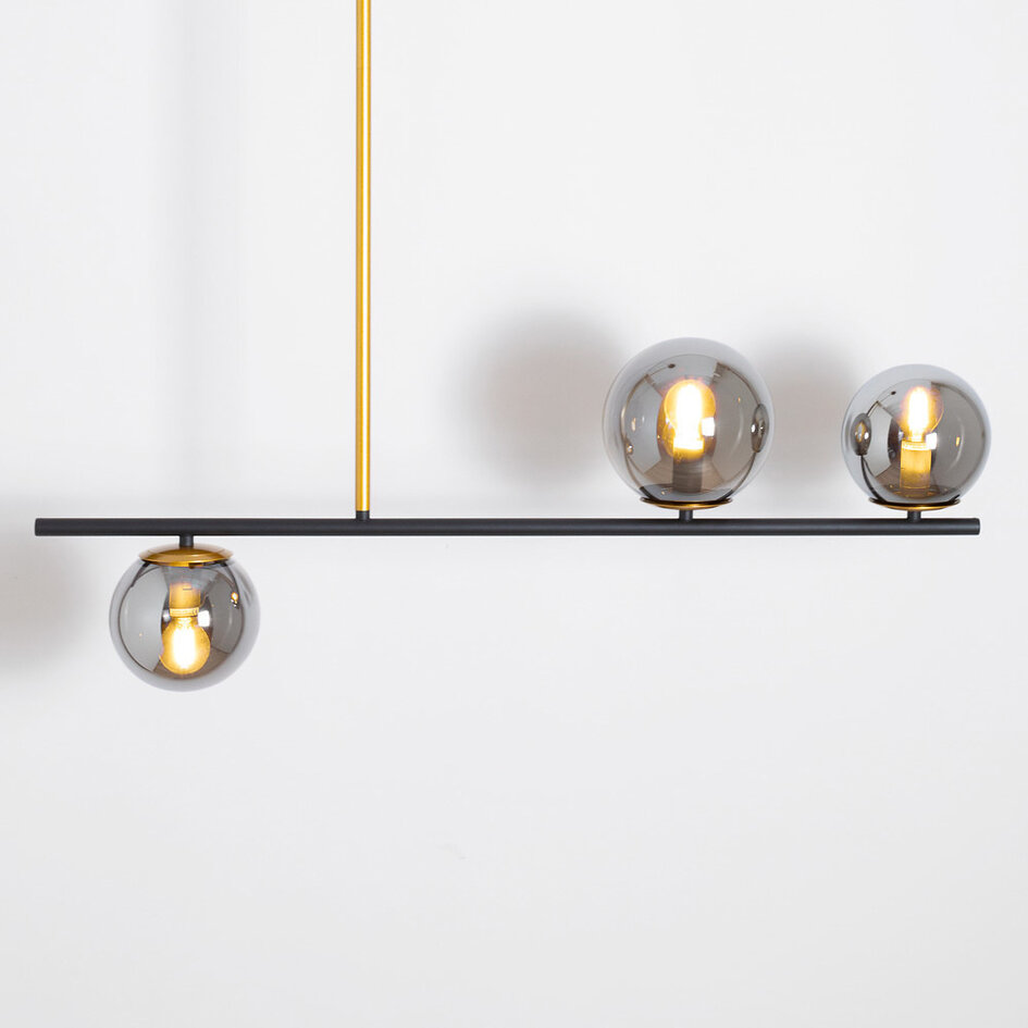 Designerlampe med 3 glaskugler - Danny - sort/messing/røggrå