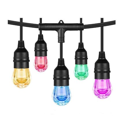 Multifarvet (RGB) party lyskæde med pendelfatninger + fjernbetjening - 15 meter med 15 pærer