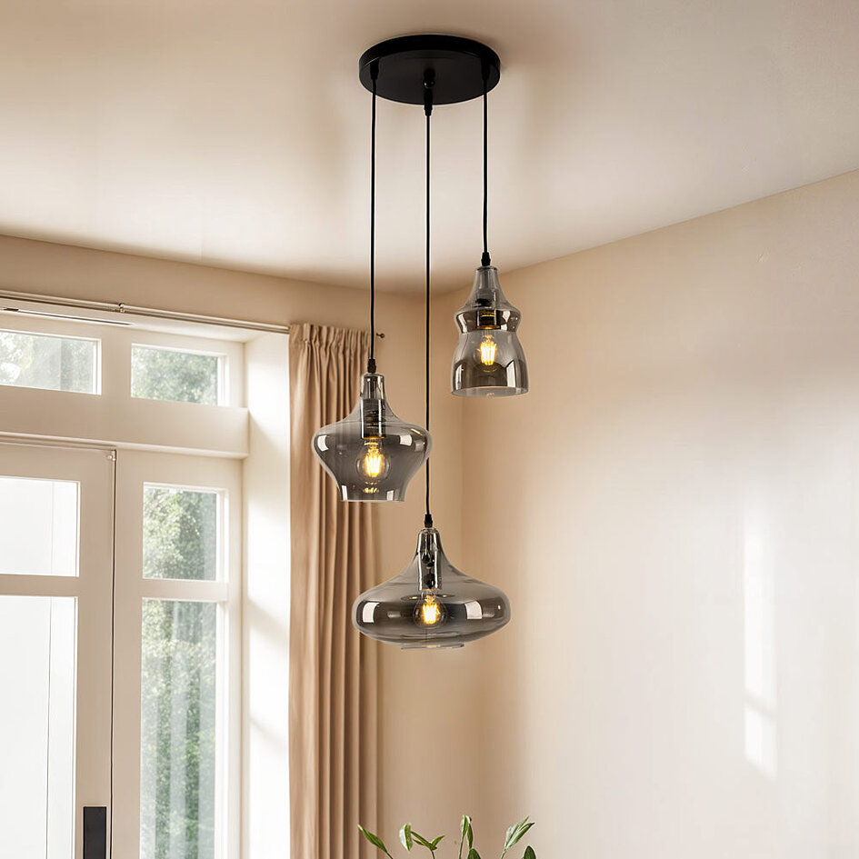Loftpendel med røgfarvet glas, 3 x E27 - Trinidad