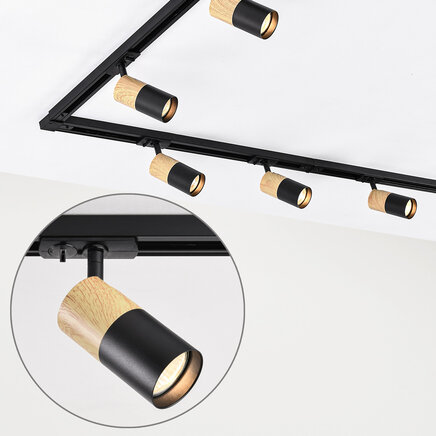 1-faset lysskinne - 3 meter med Linn spots - sort med egetræslook