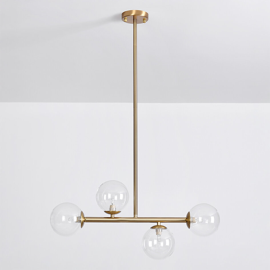 Loftslampe i messinglook med 4 transparente glaskugler - Asun