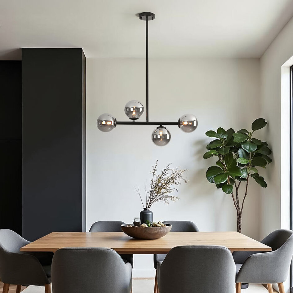 Loftslampe i sort med 4 røgfarvede glaskugler - Asun