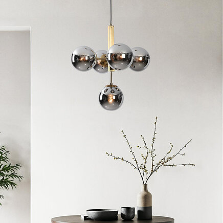 Glaskuglelampe / Loftlampe med fem store glaskugler med spejleffekt - Kenji - guld og mørkegrå