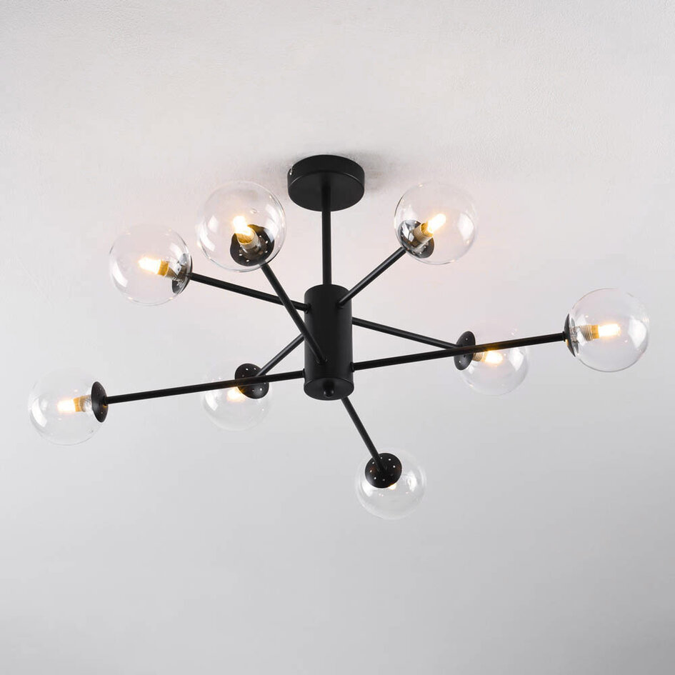 Designer loftslampe med 8 glaskugler - Idaho - sort og klart glas